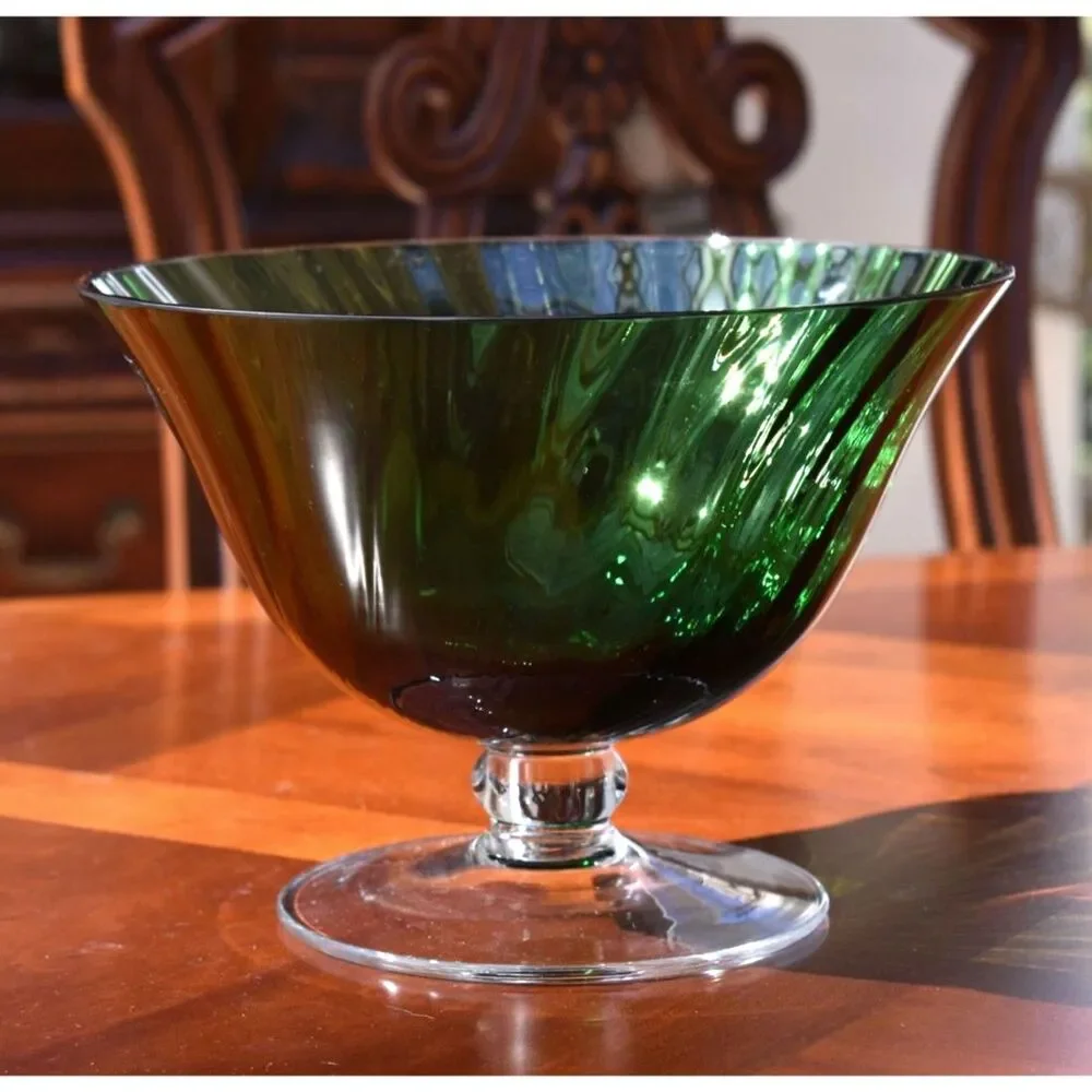 Vintage Emerald Green Pedestal Glass Centerpiece Bowl / Flared Compote Vase